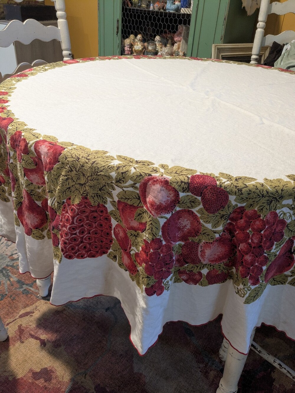 50s/60s Strawberry Pattern Linen Blend Tablecloth Round Summer